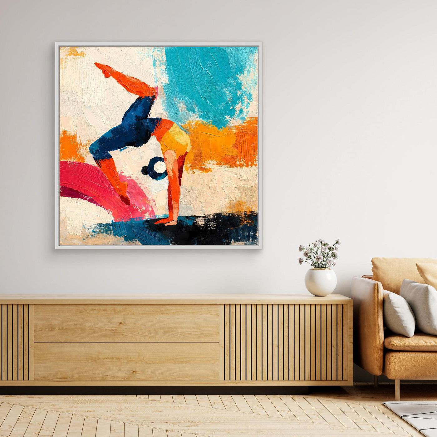 Framed canvas wall art with abstract gymnast handstand figure, orange blue and navy tones
