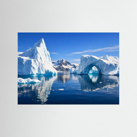 Poster mit Eisbergpanorama im Eismeer, blau hinterlegt, Querformat