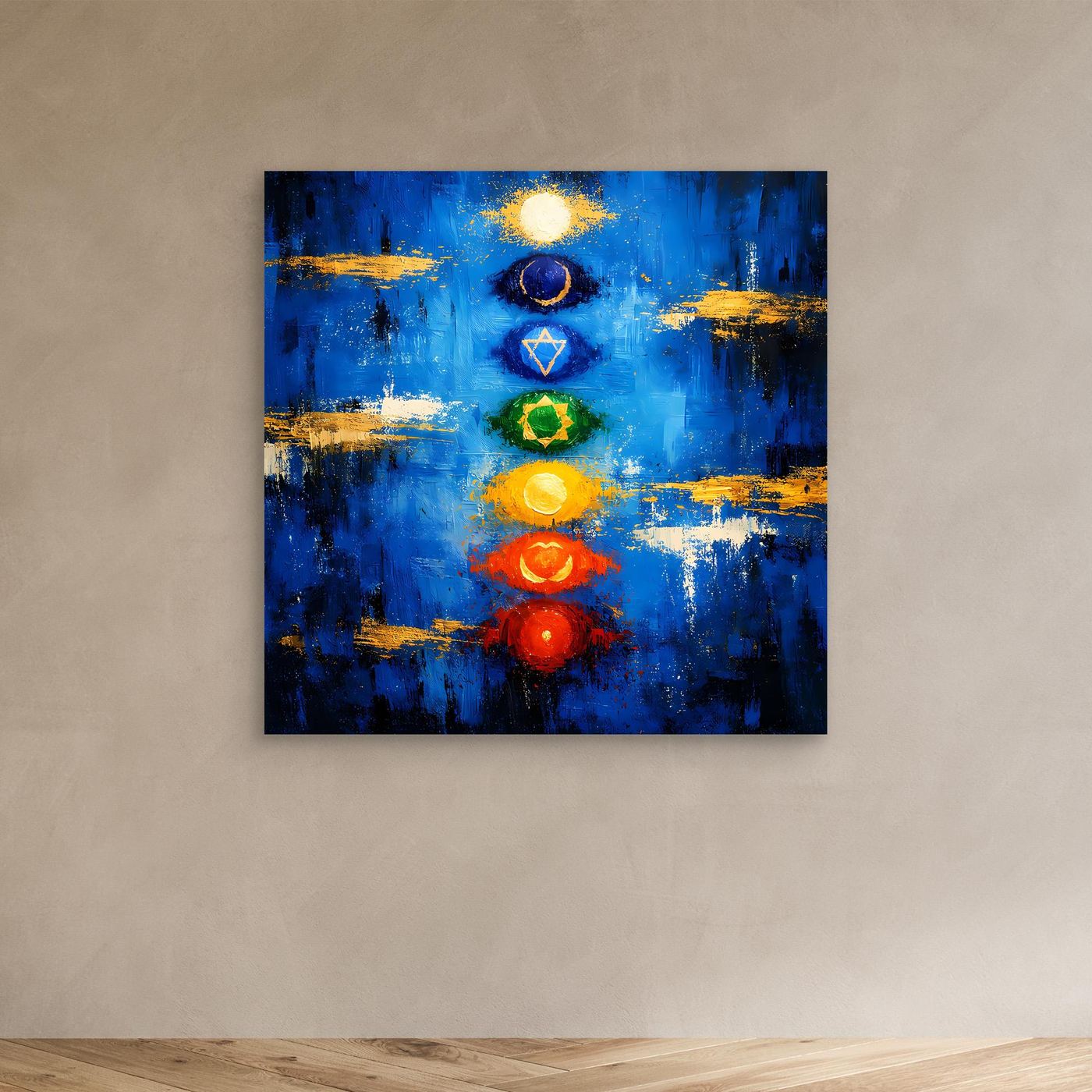 Leinwand Sieben Chakren auf tiefem Blau | Modernes Abstraktes Yoga Wandbild
