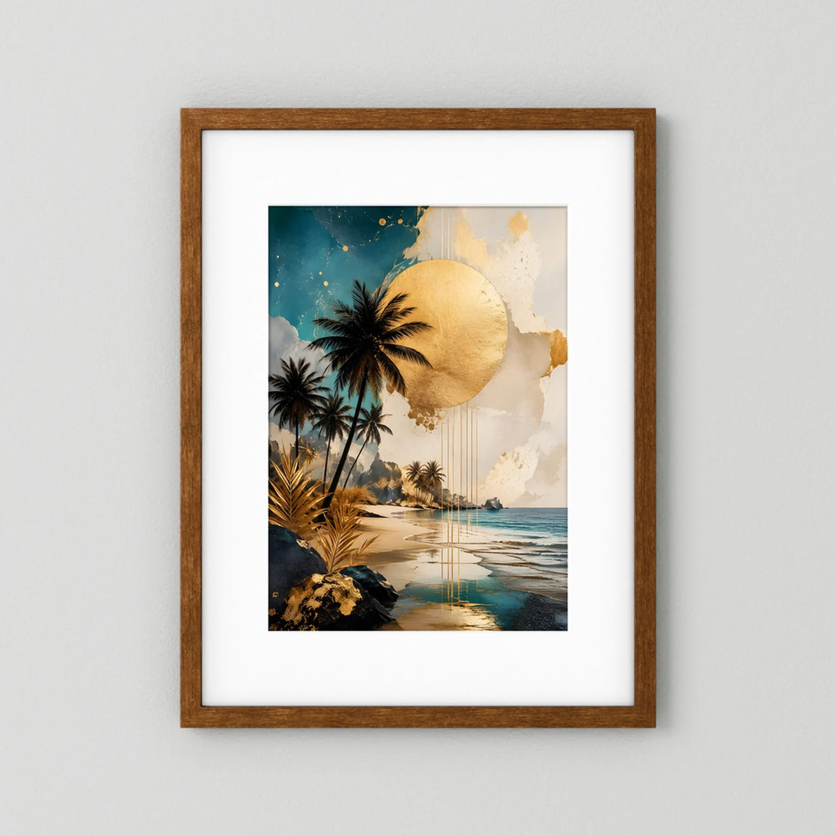 Poster im braunen Holzrahmen: Palmen, goldene Sonne und tropischer Strand