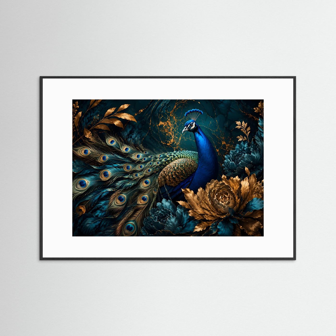 Majestätischer Pfau mit goldenen Akzenten | Edle Tierkunst & Petrol Poster
