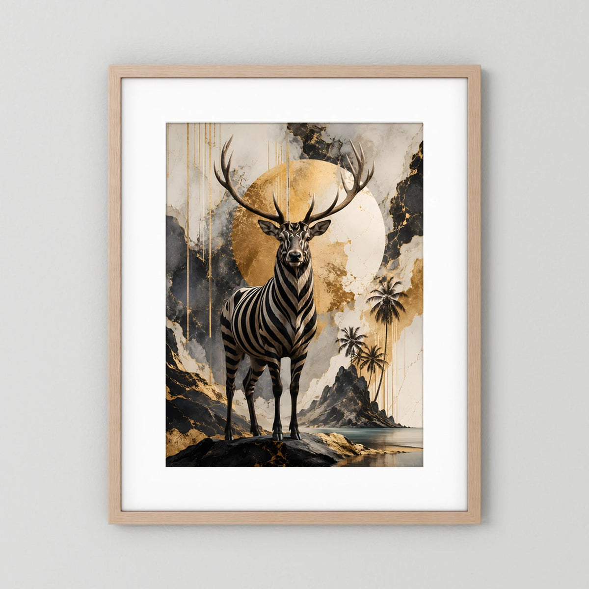 Kunstposter im Hochformat im hellen Holzrahmen: Zebramuster-Hirsch mit goldenen Details