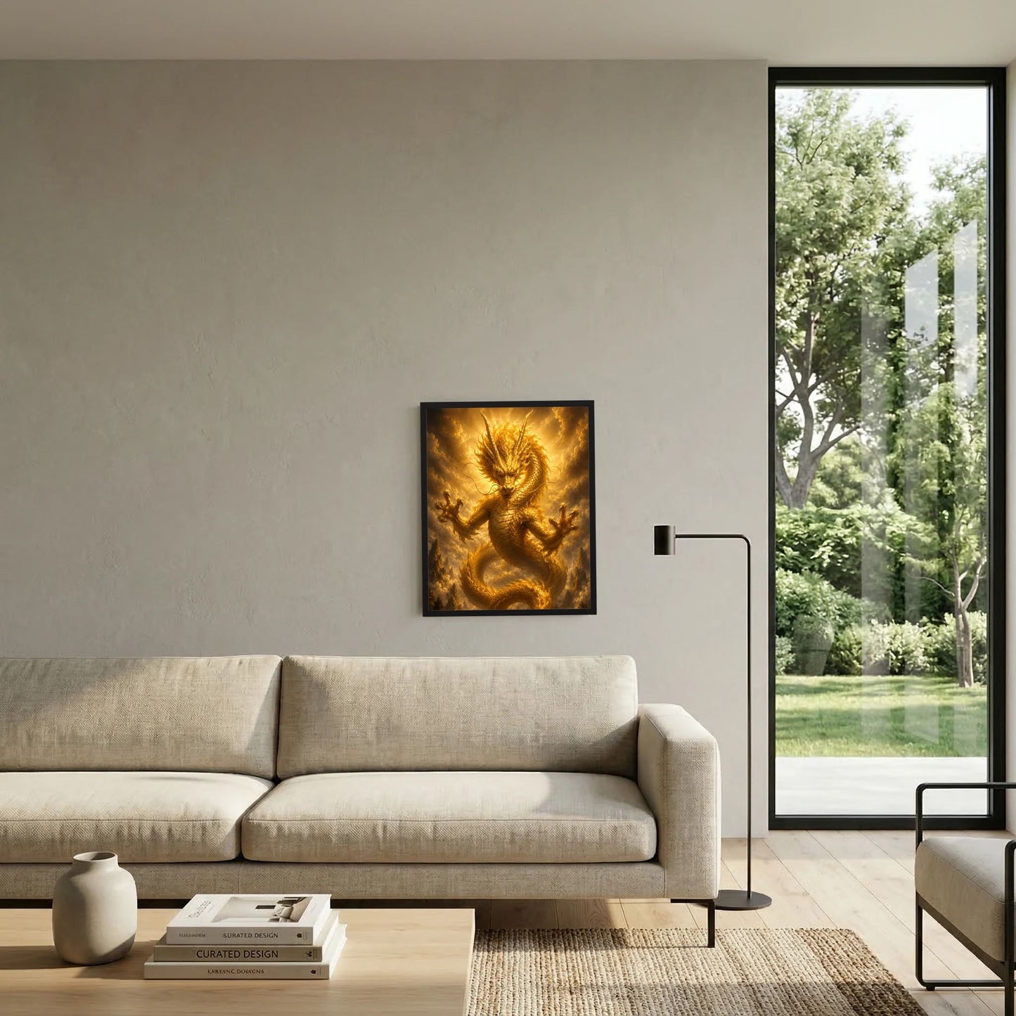 Wandposter im schwarzen Rahmen mit goldener chinesischer Drachenillustration