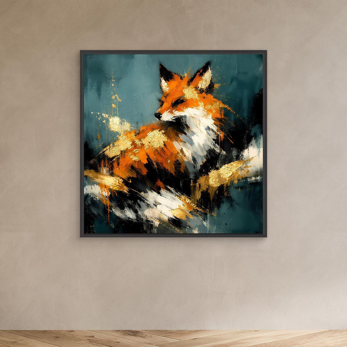 Leinwand-Wandbild mit dunklem Rahmen: abstrakter Fuchs in Orange, Weiß und Gold