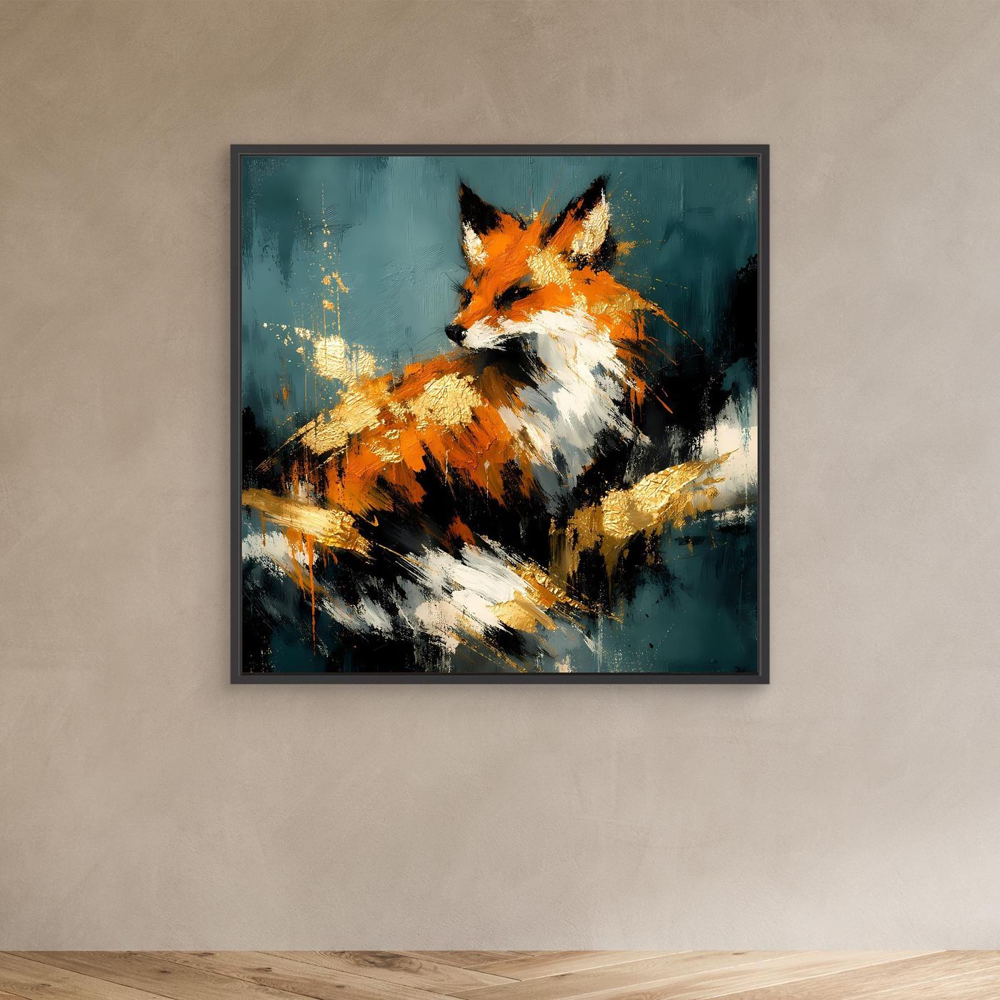 Leinwand-Wandbild mit dunklem Rahmen: abstrakter Fuchs in Orange, Weiß und Gold