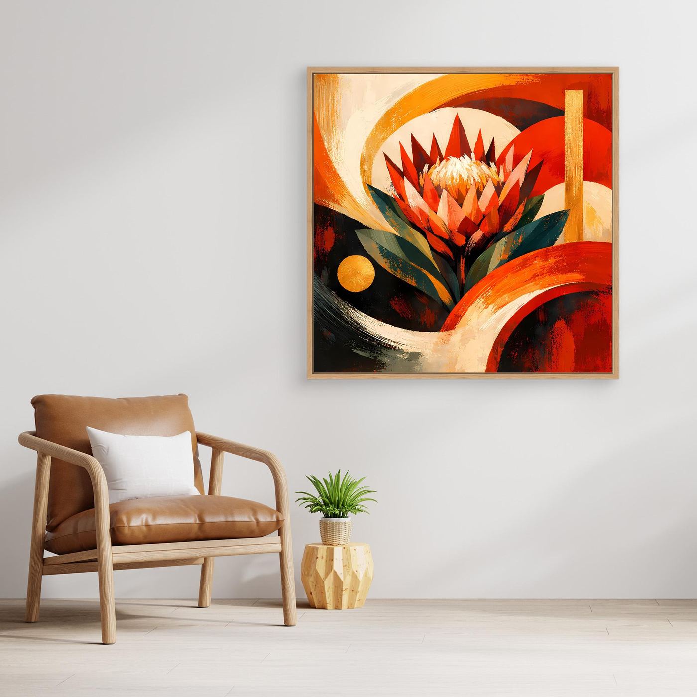Gerahmtes Leinwandbild: Protea in warmen Farben, Rot, Orange, Gold und dunklem Grün