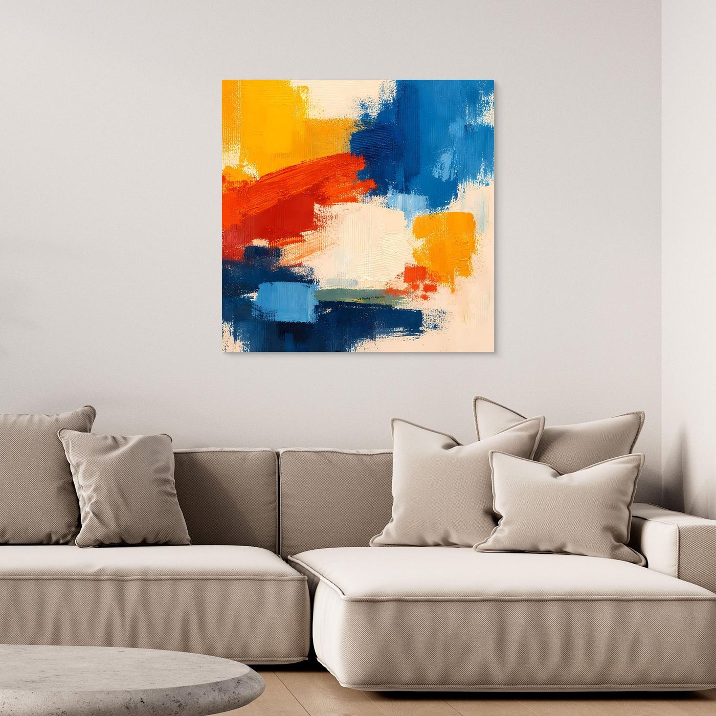 Abstract canvas wall art with blue, red, and yellow brush strokes in a light frame