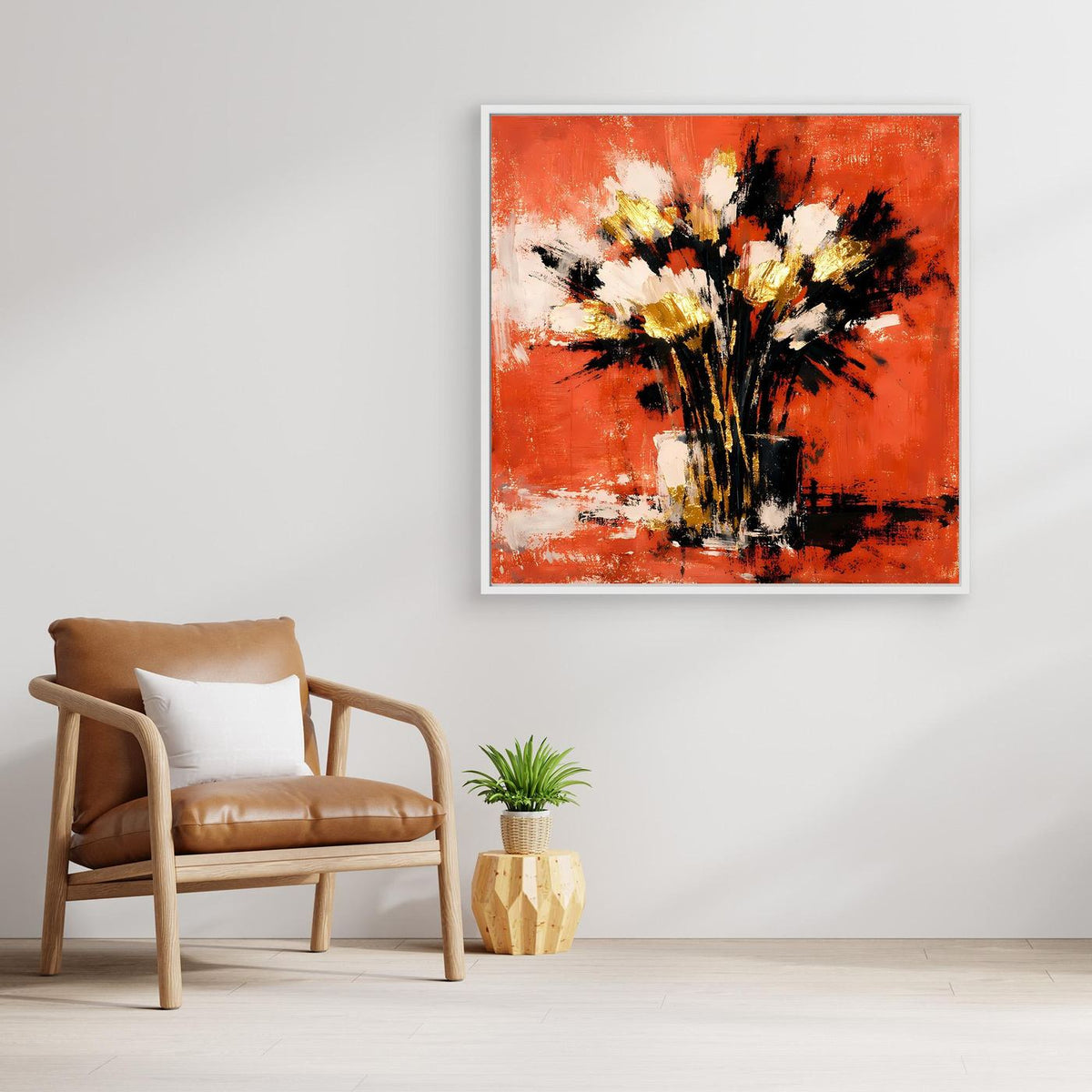 Abstraktes Blumenstrauß-Wandbild mit Holzrahmen: terrakotta, schwarze Striche, weiße und gelbe Blüten.