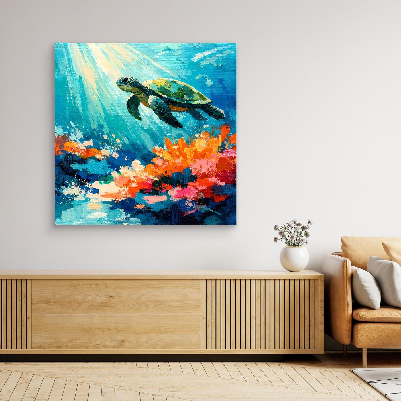 Leinwand Elegante Meeresschildkröte im Korallenriff | Abstraktes Ozean Wandbild