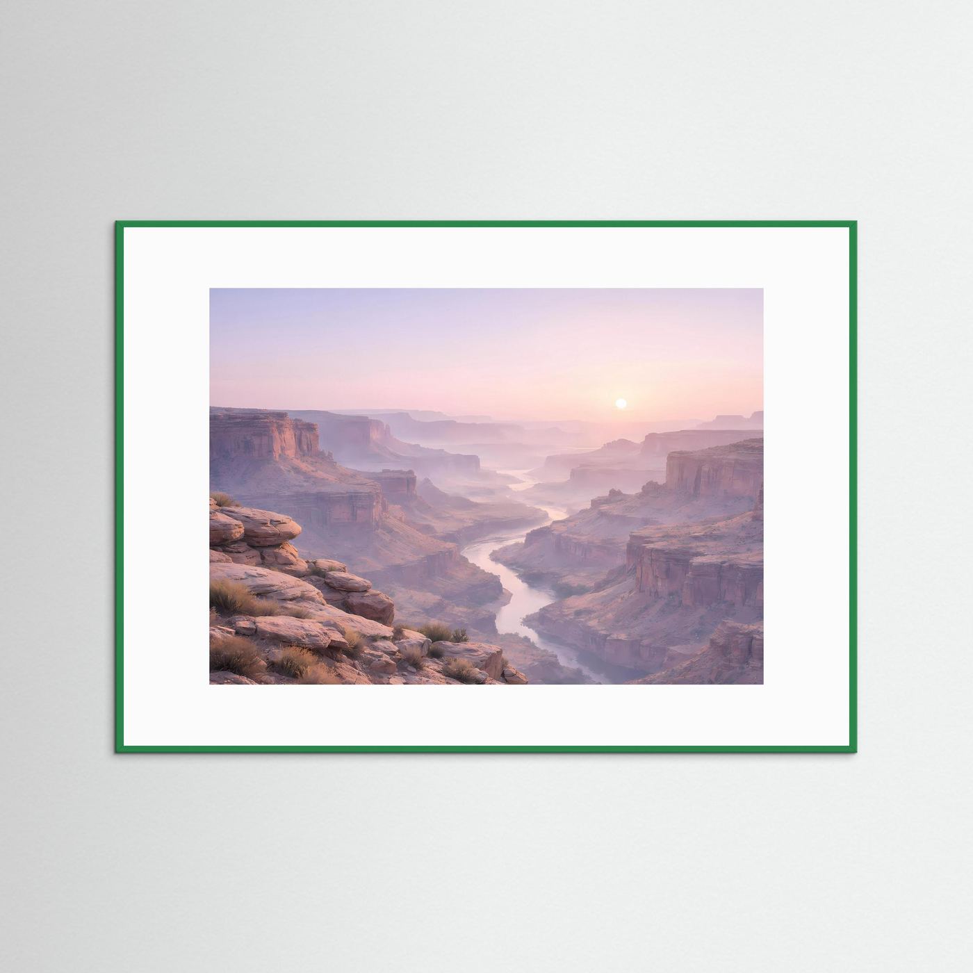 Canyon-Wandbild mit grünem Rahmen und weißem Rand, Sonnenaufgang über der Schlucht