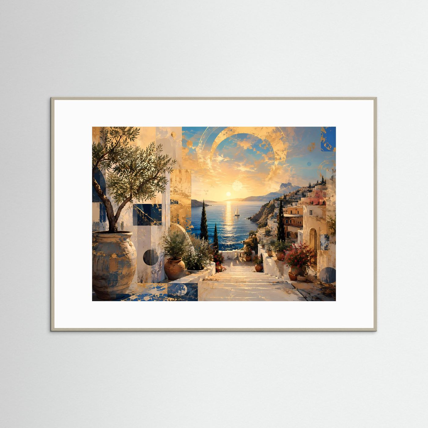 Mediterrane Küste mit Olivenbaum | Abstrakte Wandkunst in Gold & Blau