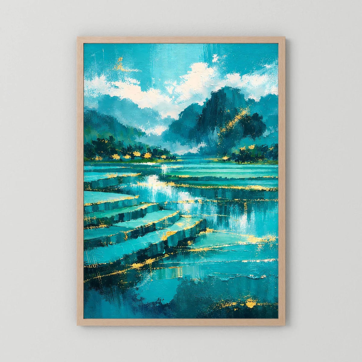 Hochformatiges Wandposter mit Landschaftsgemälde: türkisblauer Fluss, Berge, Holzrahmen.