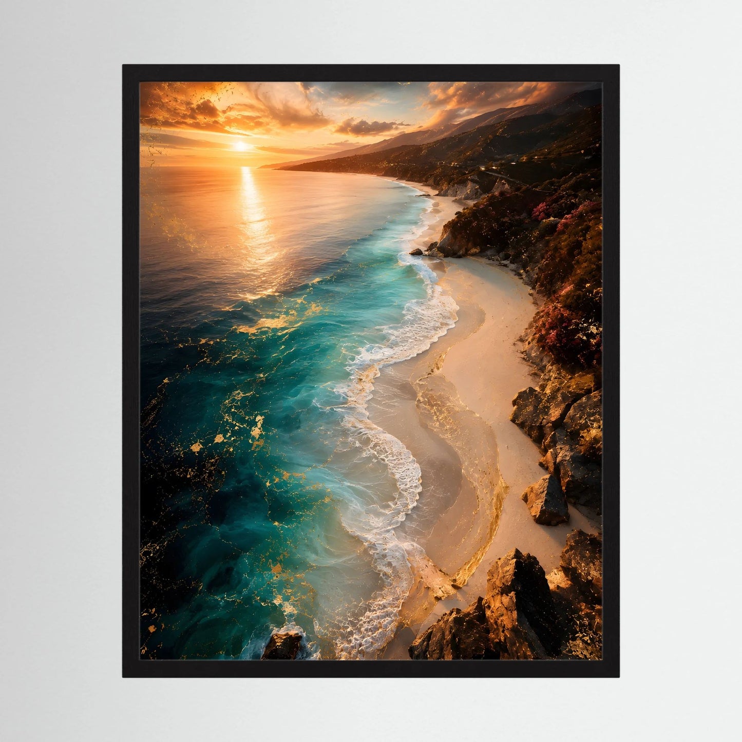 Landschaftsposter im Hochformat mit schwarzem Rahmen: Küste, türkisfarbenes Meer, Sonnenuntergang.