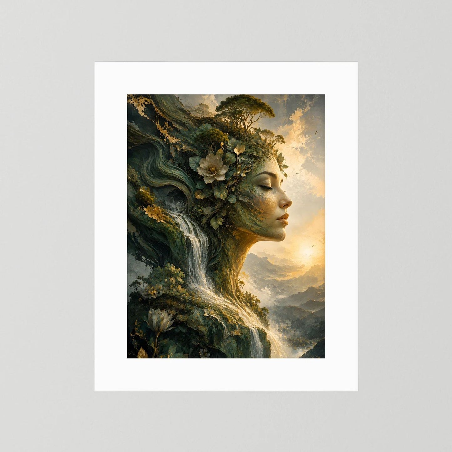 Wandposter Hochformat: Naturfrau im Wald mit Wasserfall, ohne Rahmen, mit weißem Rand
