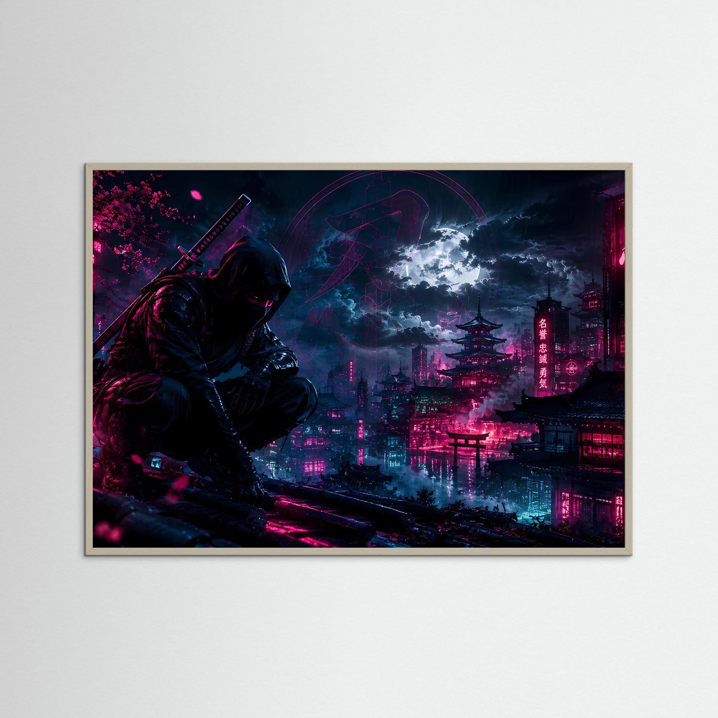 Neon Ninja bei Nacht | Futuristisches Japan in Pink & Blau