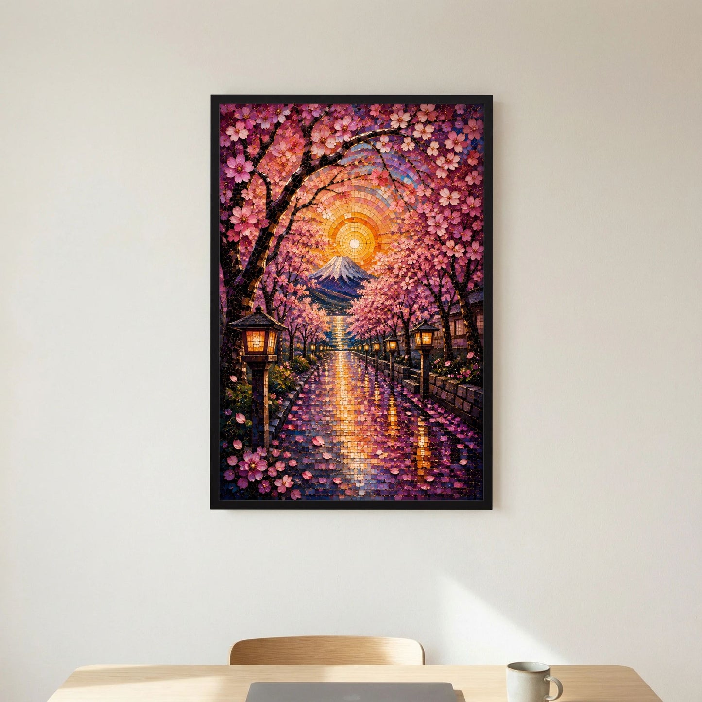 Kirschblütenweg zum Fuji | Japanisches Mosaik mit Sakura & Laternen | Poster Hochformat