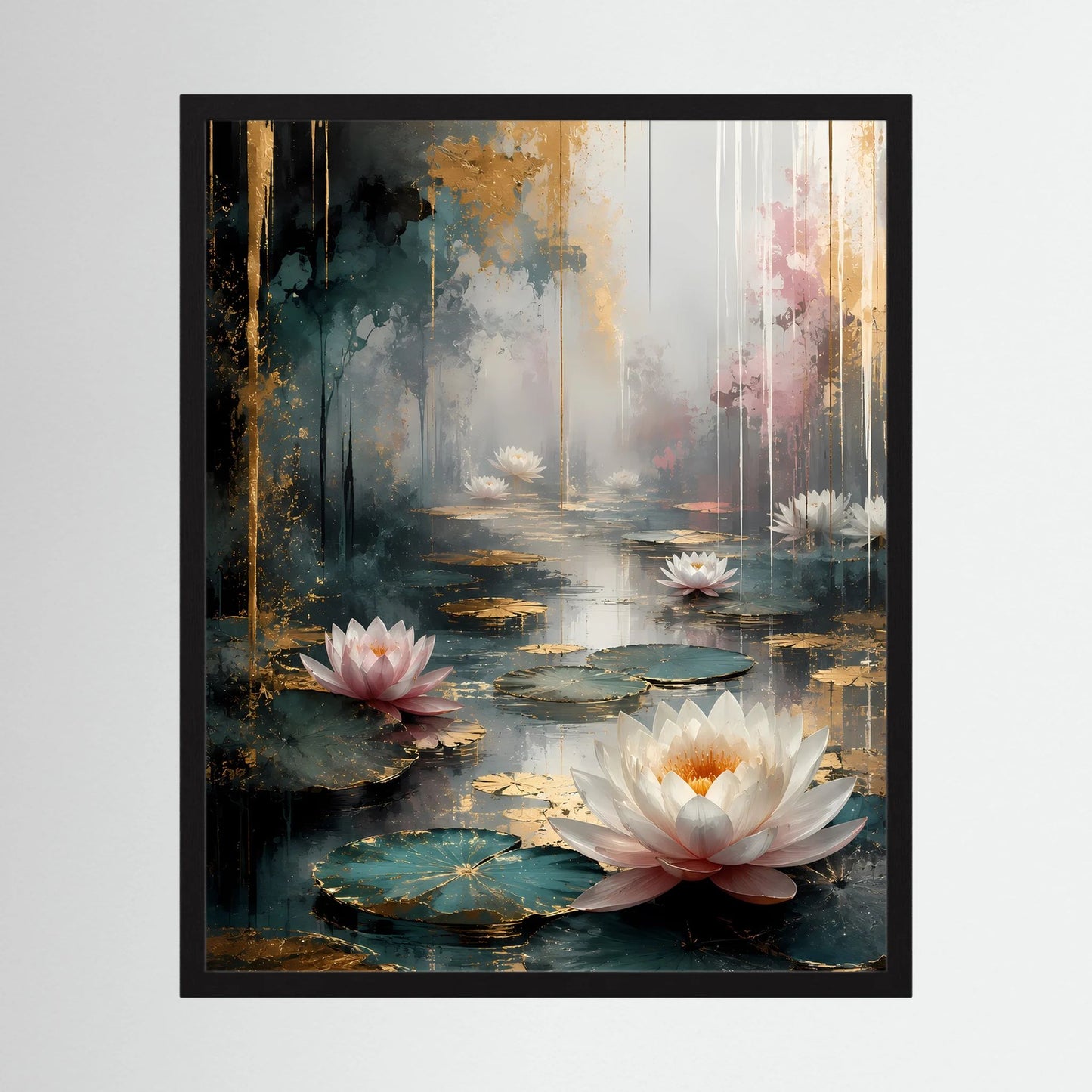 Poster mit Wasserlilien-Motiv in Weiß und Rosa, schwarz gerahmt