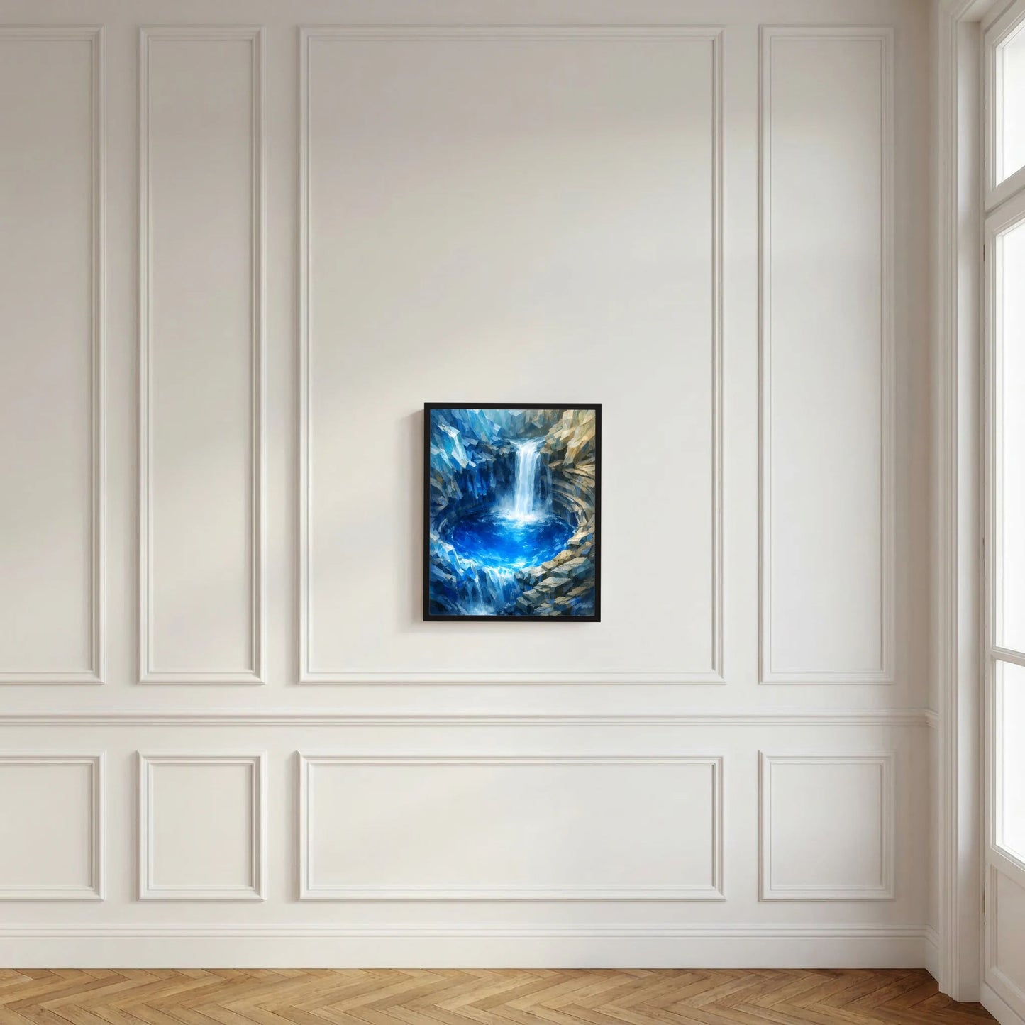 Gerahmtes Poster mit blauem Wasserfall und türkis leuchtender Vertiefung