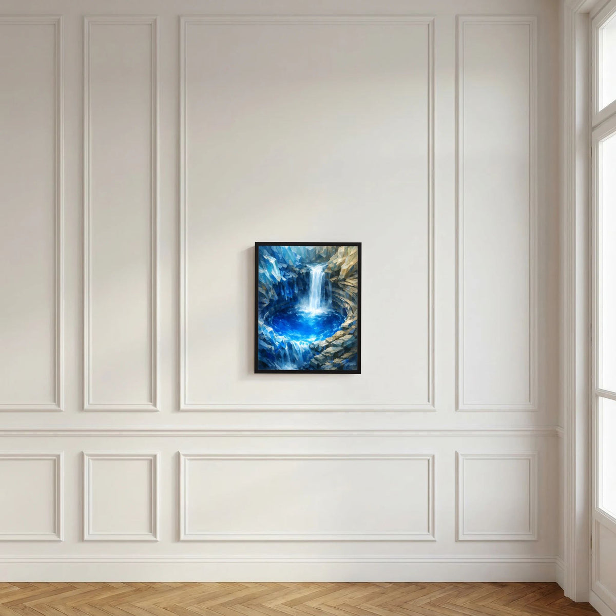 Gerahmtes Poster mit blauem Wasserfall und türkis leuchtender Vertiefung