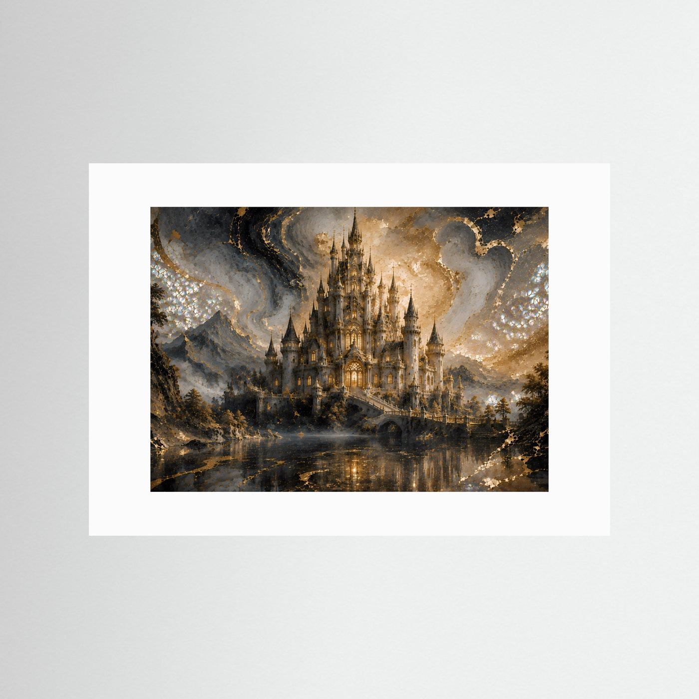Mystisches Märchenschloss in Gold & Perlmutt | Fantasie Schloss Wandbild