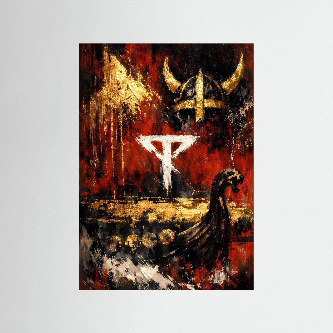 Hochformatiges Kunstposter mit Wikinger-Motiv, rot-schwarz-gold, ohne Rahmen