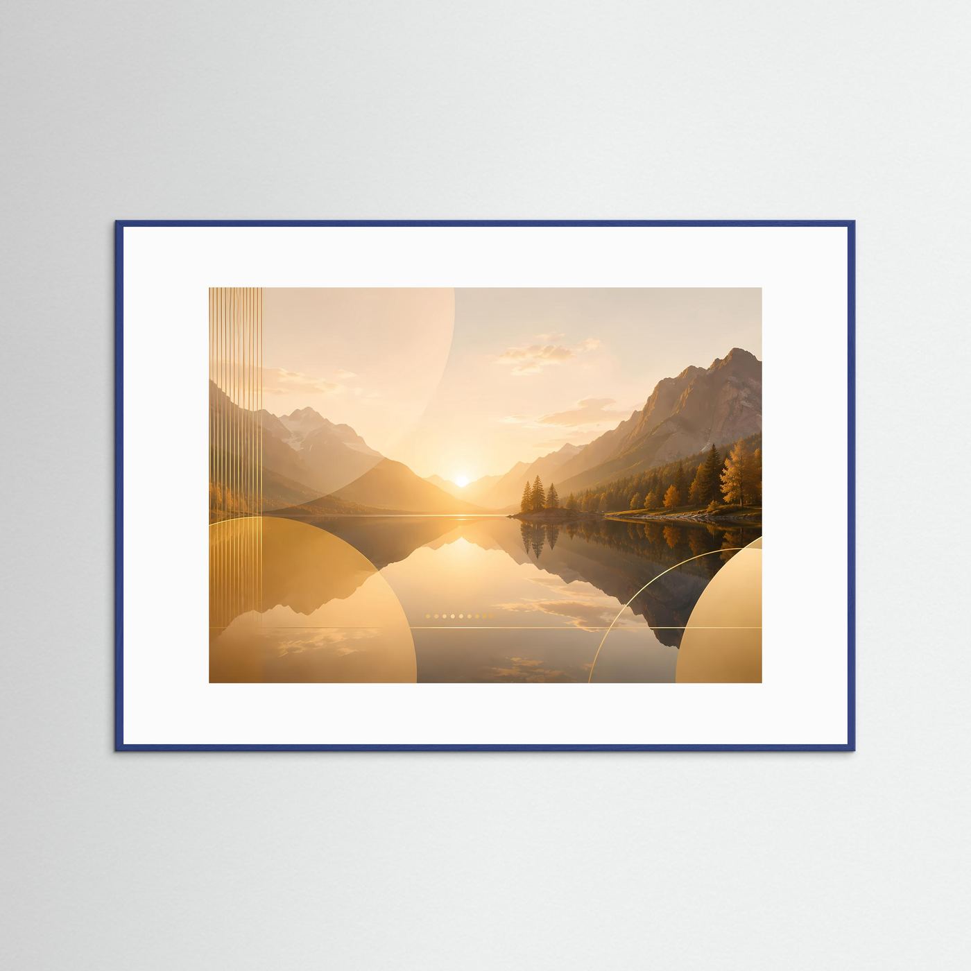Bergsee Poster Querformat | Goldene Berglandschaft bei Sonnenuntergang | Elegantes Natur Wandbild mit See, Bergen & Herbstwald