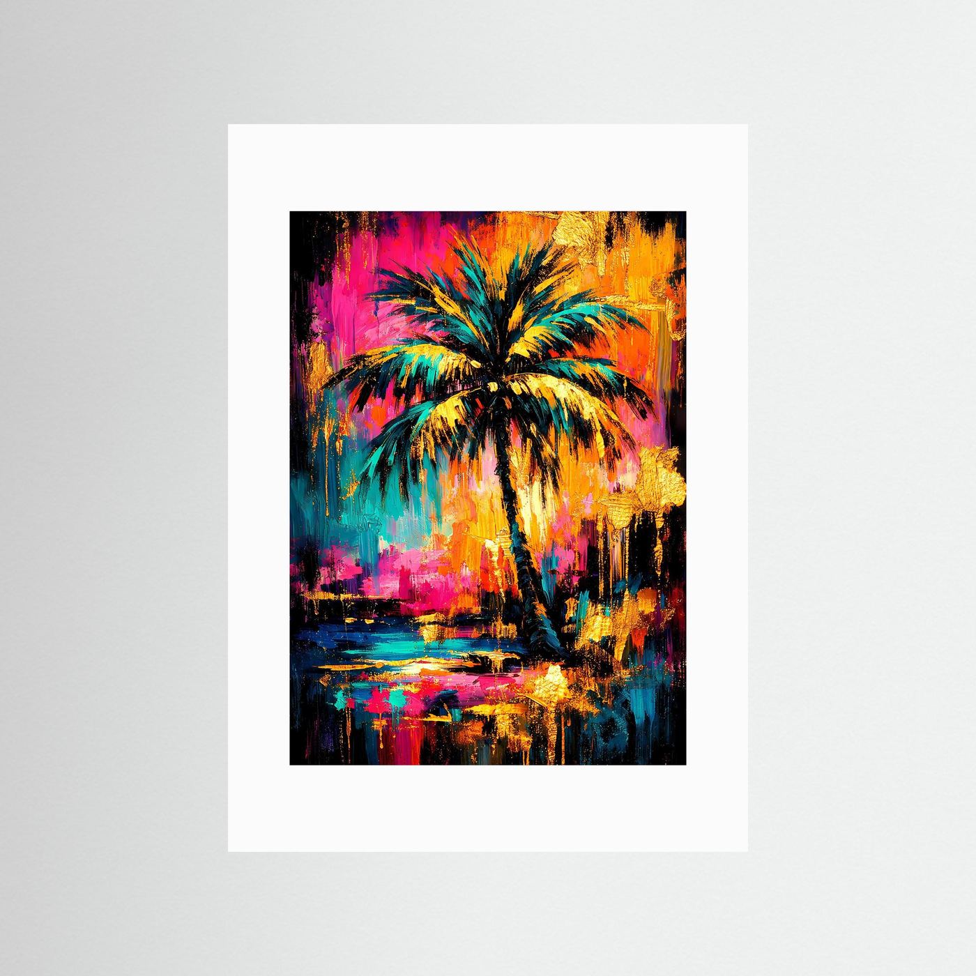 Hochformatiges Palmen-Kunstposter mit weißem Passepartout, buntes Neonbild mit Reflexionen