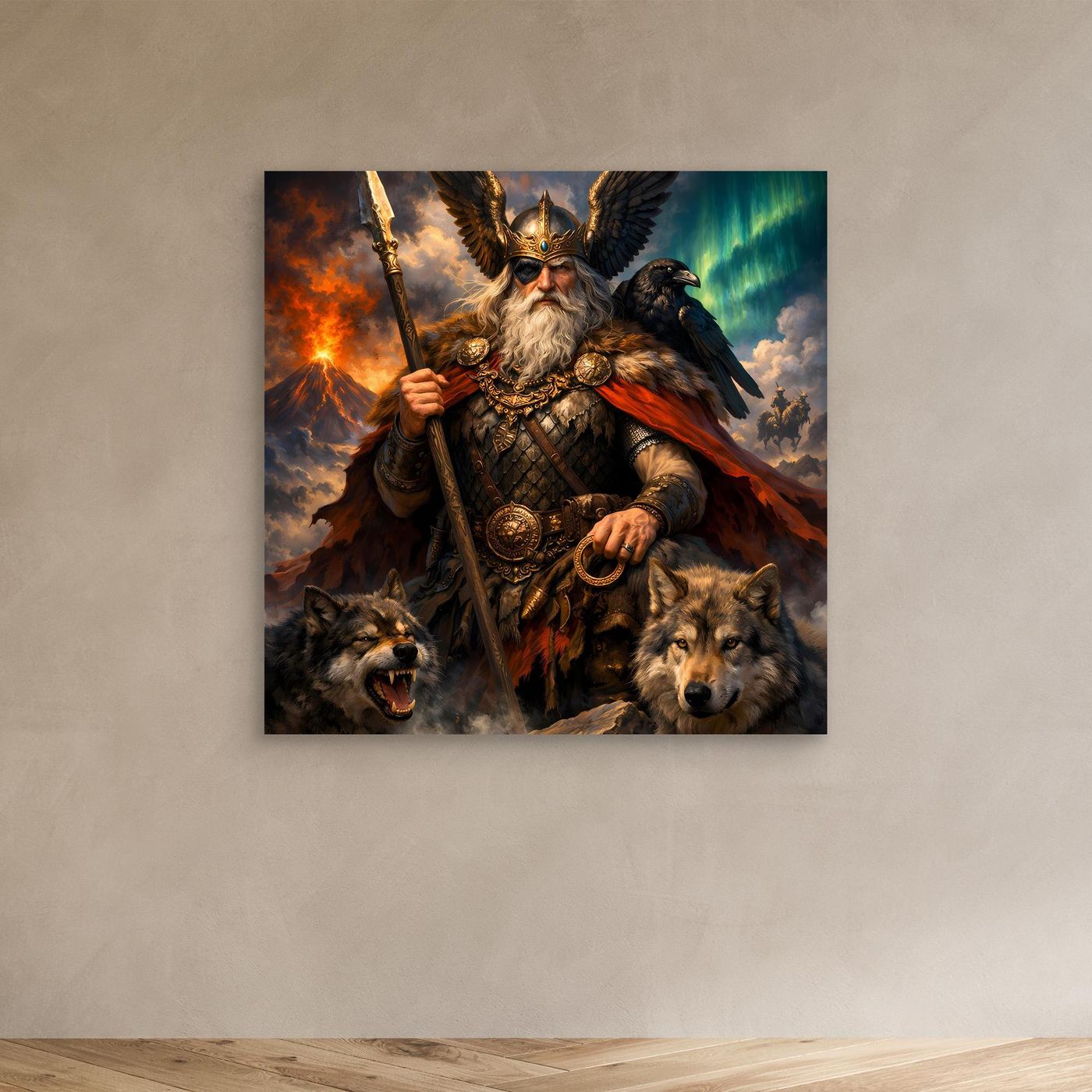 Leinwand Göttervater Odin mit Wölfen und Rabe | Mythologisches Wikinger Wandbild