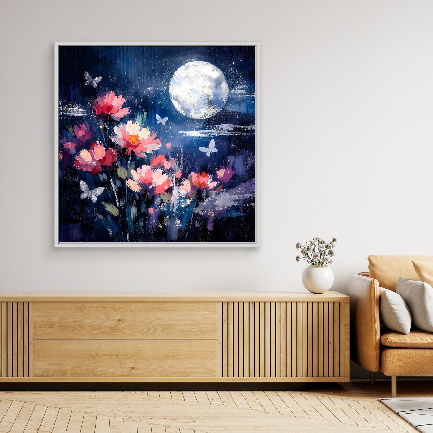 Abstraktes Wandbild mit Blumen, Schmetterlingen und hellem Mond im weißen Rahmen