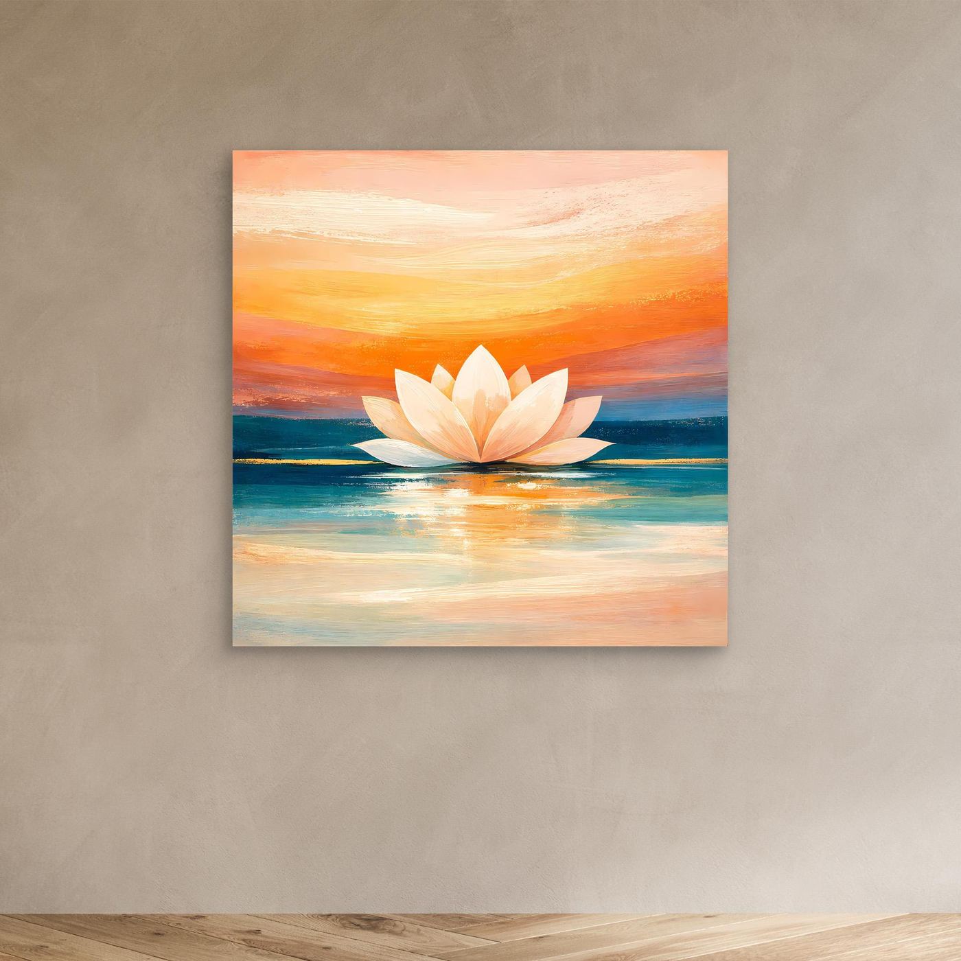 Leinwandbild mit Lotusblüte, abstraktem Sonnenuntergang und spiegelnder Wasseroberfläche