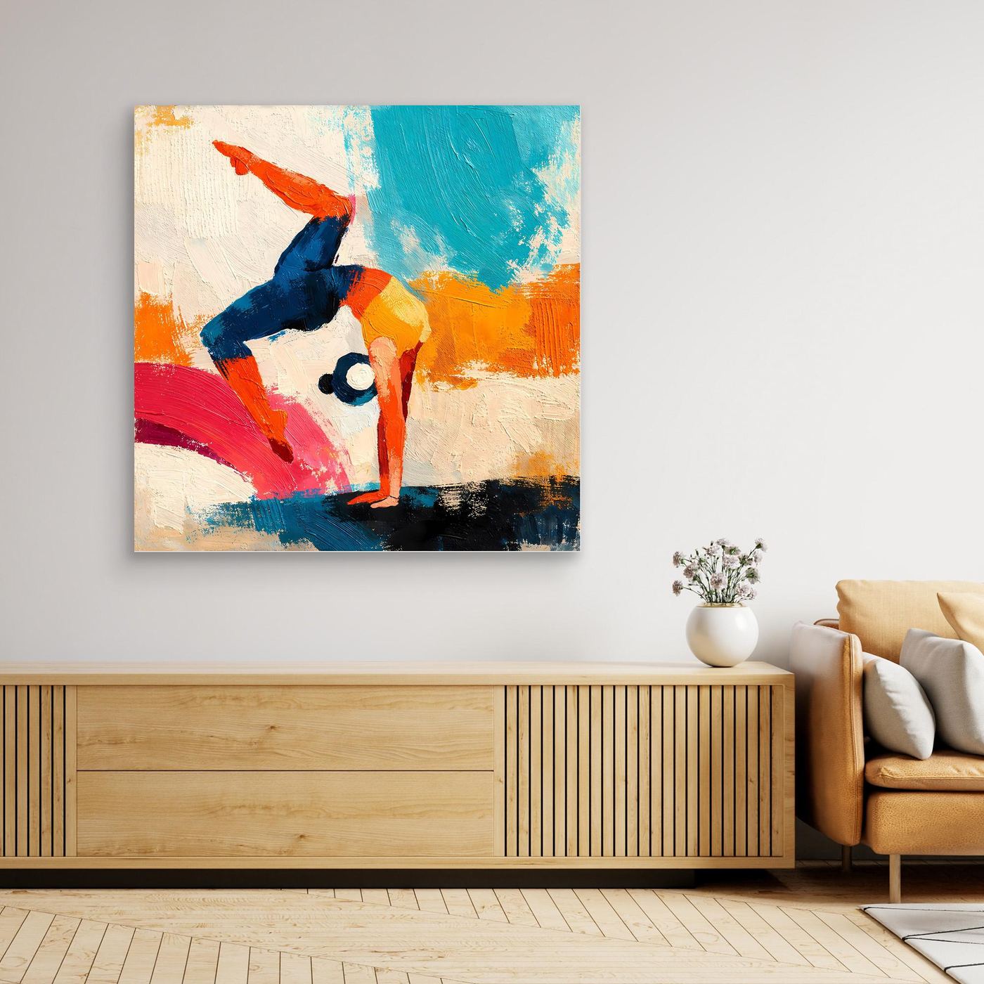 Handstand yoga figure wall art with abstract multicolor brushstrokes