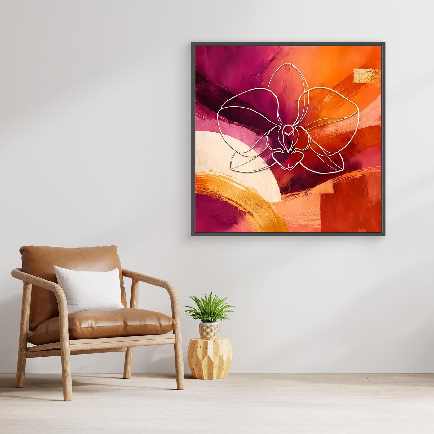 Leinwandbild mit Orchidee in Lila und Orange, geschwungene Linien, weiß eingefasst