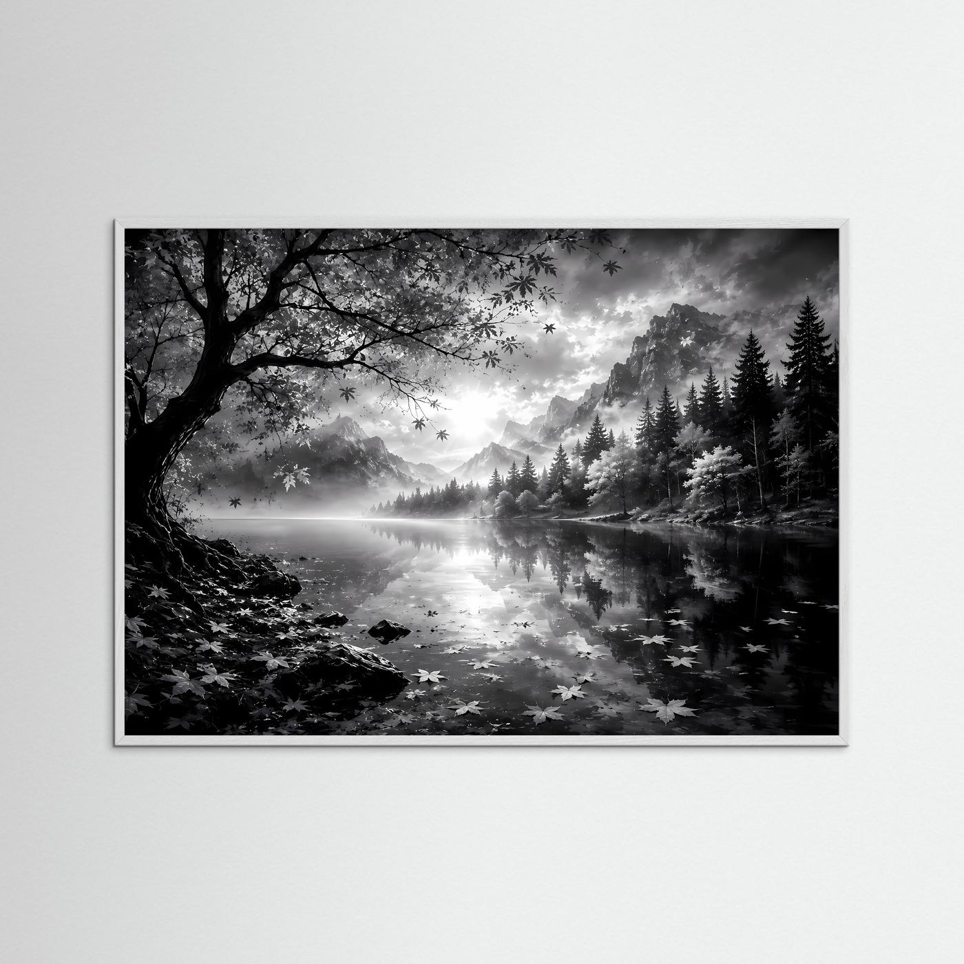 Schwarz Weiß Landschaft Poster | Bergsee Wandbild | Nebel Berge Natur | Monochrome Wandkunst | Moderner Fine Art Print