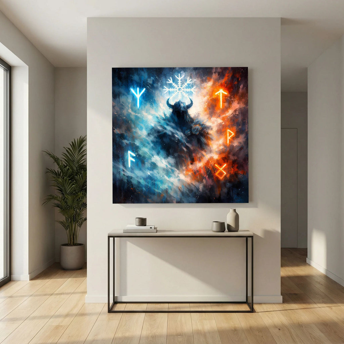 Wandbild auf Leinwand mit dunkler Wikingerfigur, leuchtende Runen in Blau und Orange, Quadrat