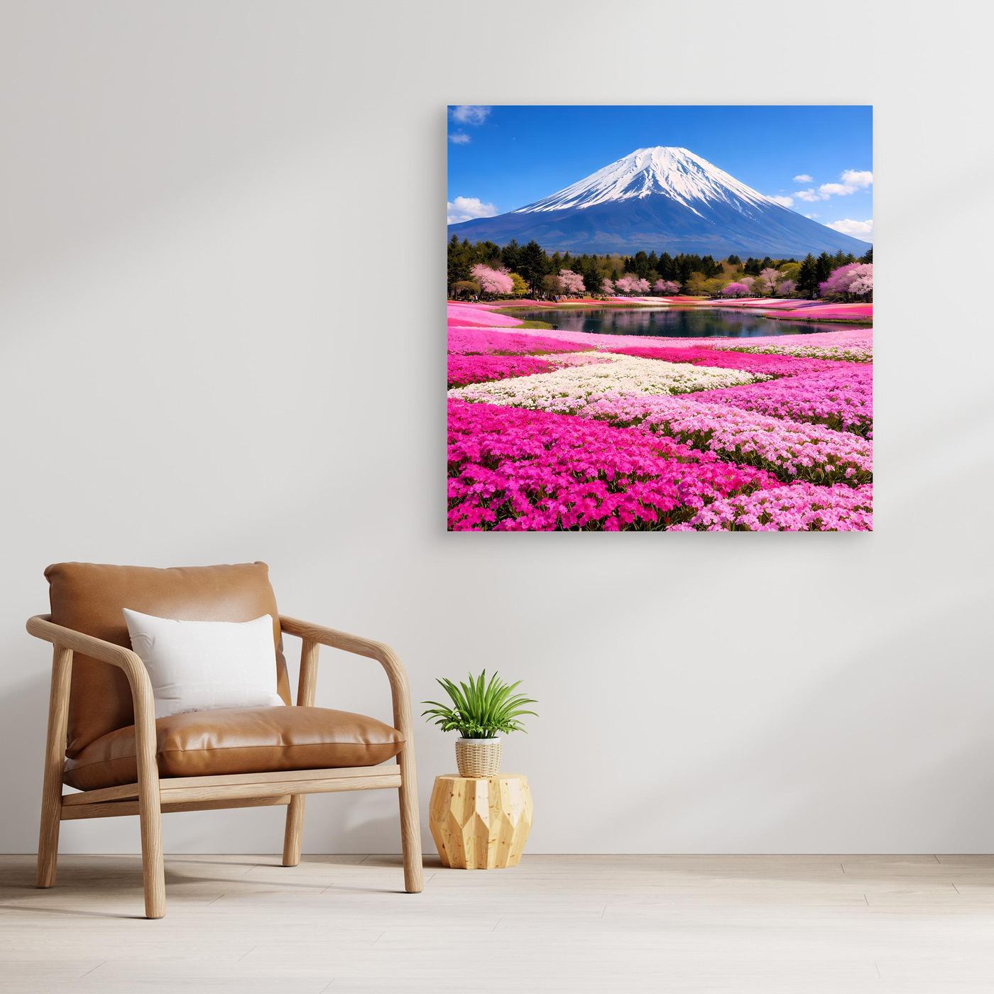 Leinwandbild der Kirschblütenlandschaft mit Fuji-Berg und bunten Blütenbeeten