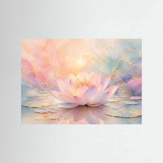 Lotusblüten-Wandbild mit Seerose, Pastellfarben und goldenen Akzenten
