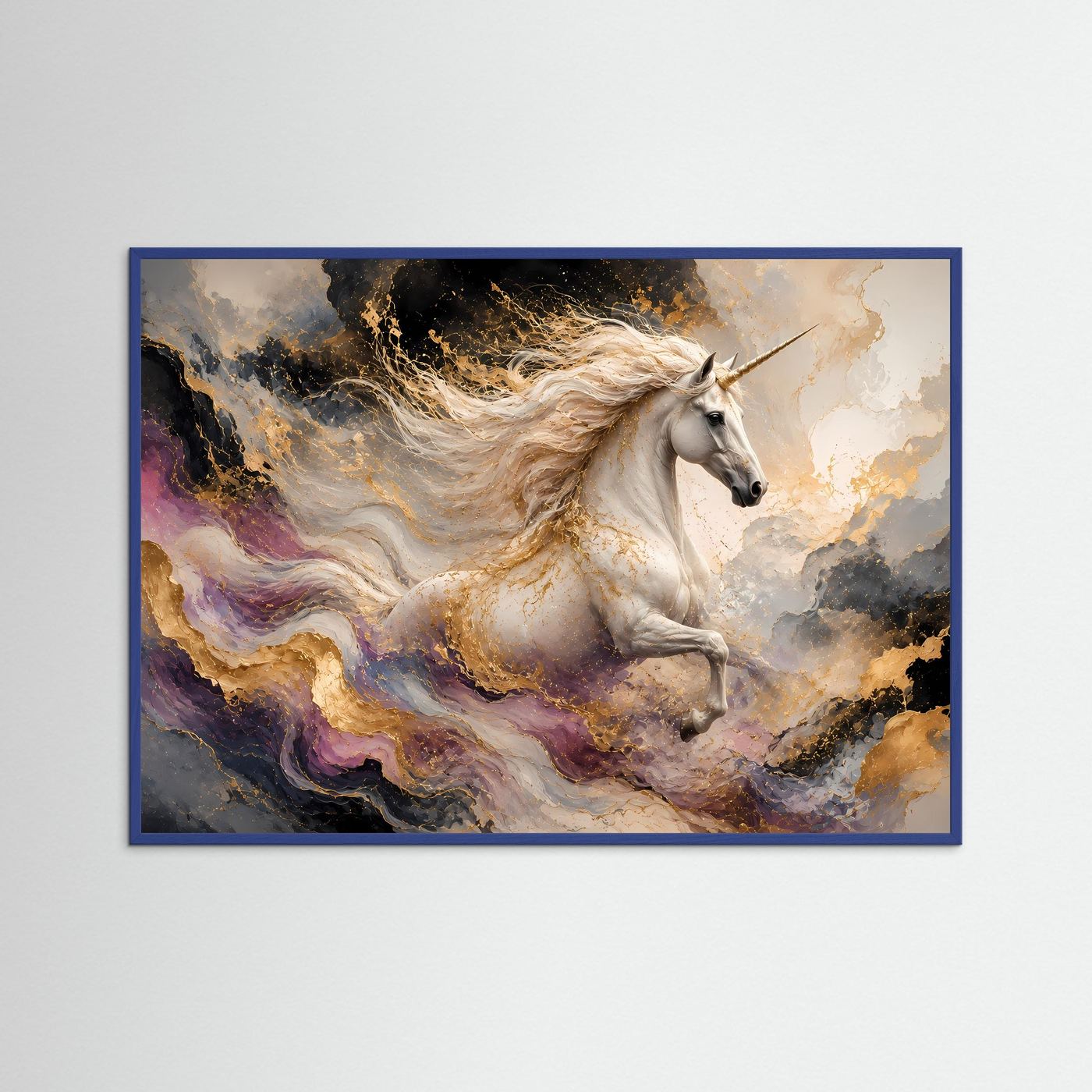 Einhornposter mit blauem Rahmen im Querformat: weißes Einhorn mit wehender Mähne auf Wolken