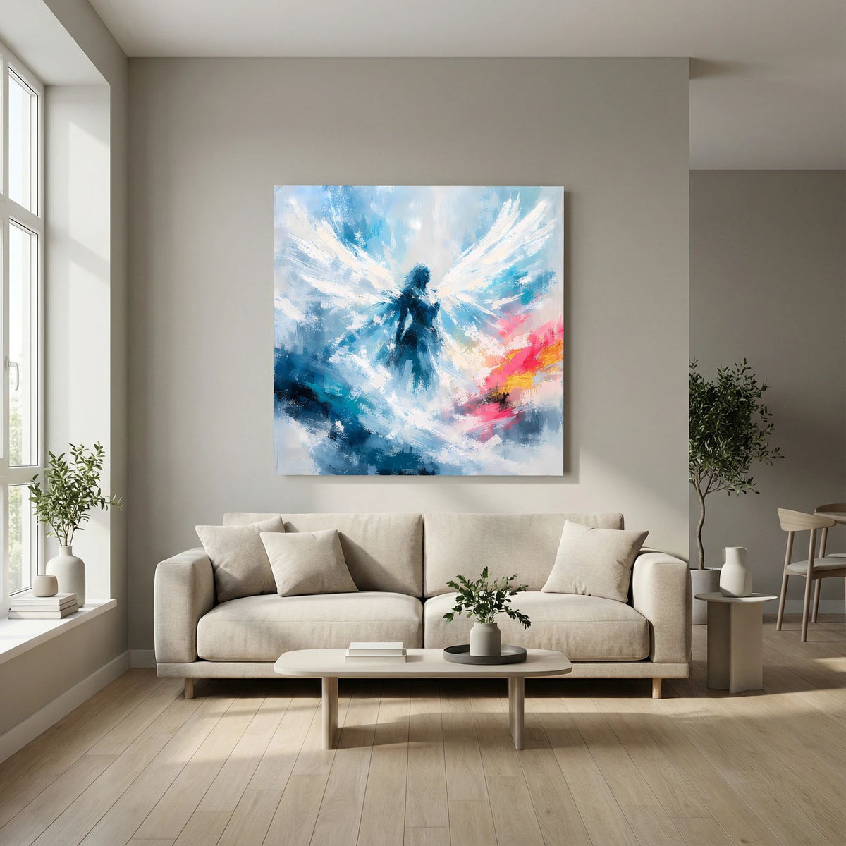 Quadratisches Leinwand-Wandbild: abstrakter Engel in Blau und Weiß, ergänzt durch Rosa-Akzente.