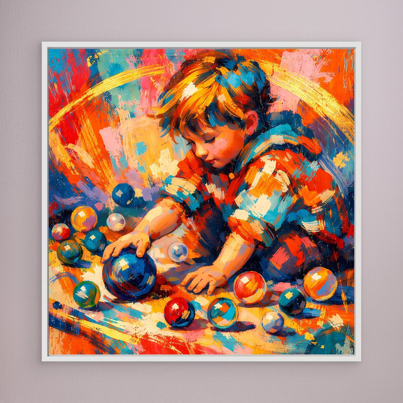 Gerahmtes Leinwandbild: abstraktes Kinderportrait, bunte Spielkugeln, weißer Rahmen