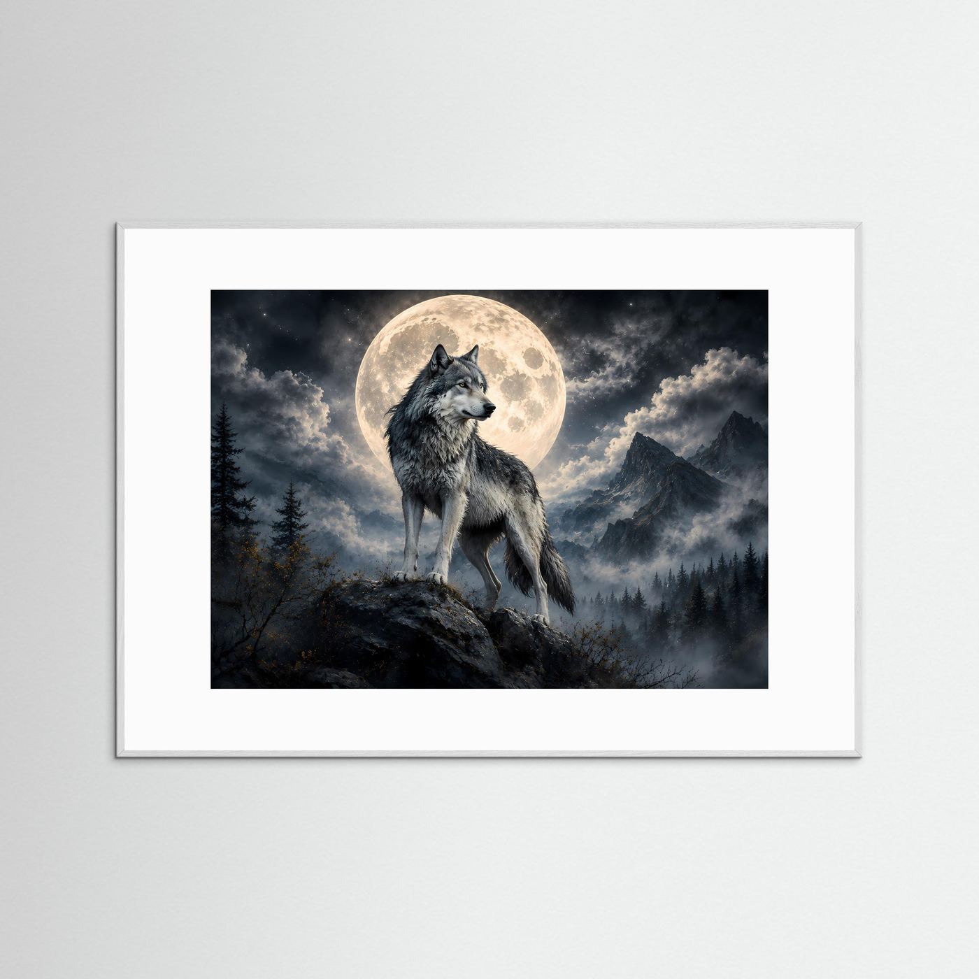 Wolf vor Vollmond Poster | Mystische Berglandschaft bei Nacht | Majestätischer Wolf Wandbild | Mondlicht Naturkunst | Premium Leinwand & Wall Art
