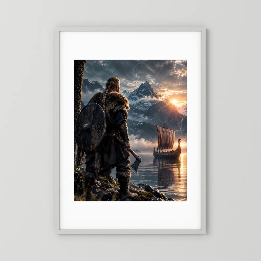 Fantasy-Poster Hochformat mit silbergrauem Rahmen und weißem Rand: Wikingerkrieger, Wikingerschiff
