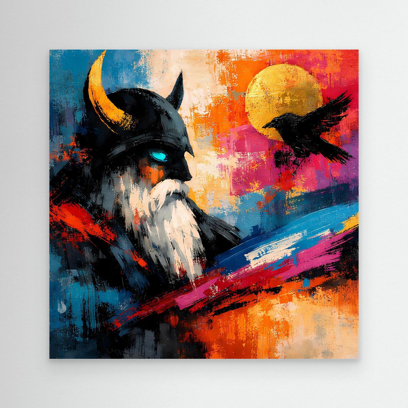Abstraktes Leinwand-Wandbild mit Odin und schwarzem Rabenmotiv, ohne sichtbaren Rahmen