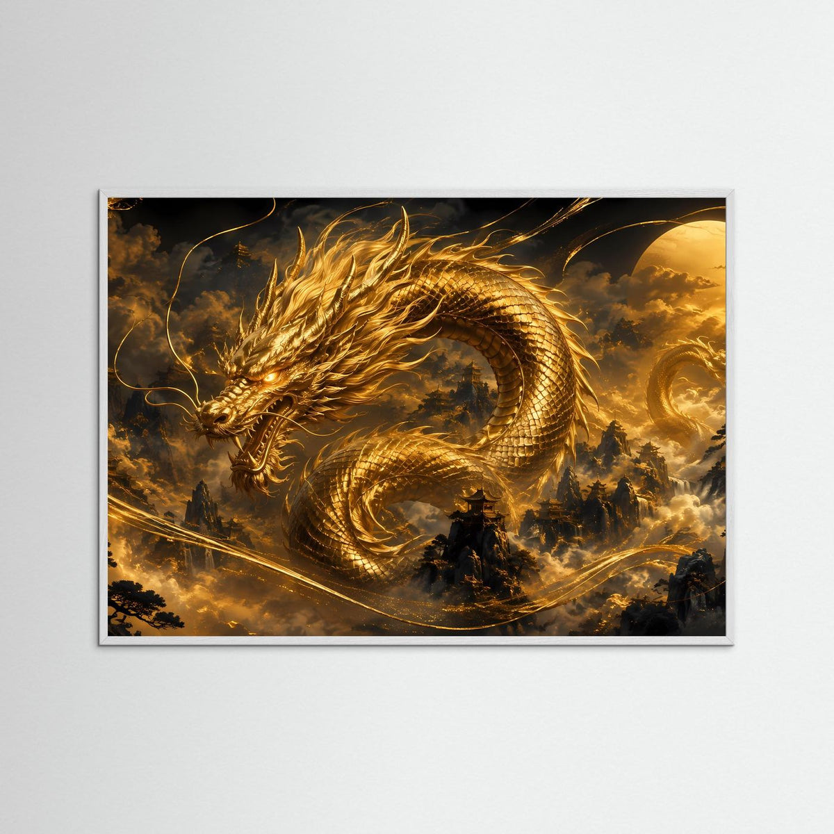 Querformat-Poster mit hellem Rahmen: goldener Drache über Tempelbergen, Schwarz-Gold-Fantasy
