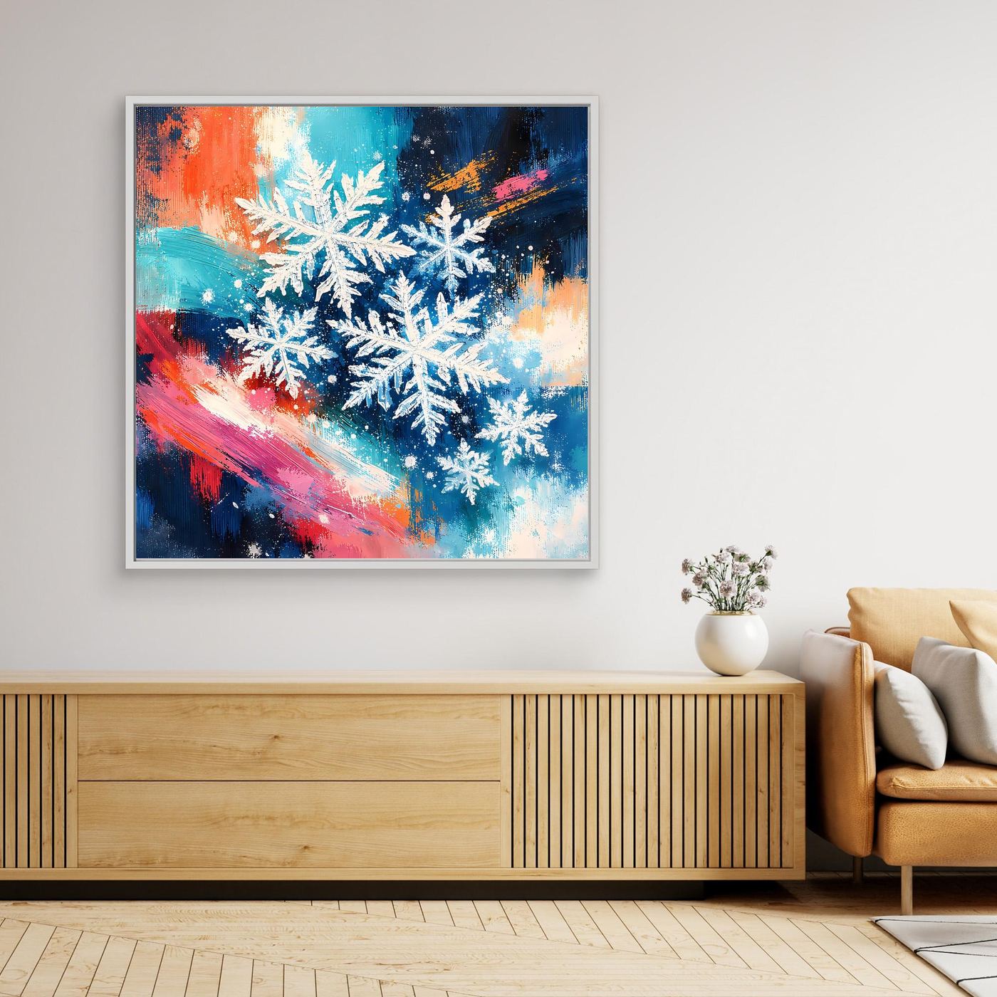 Abstraktes Leinwand-Wandbild mit weißen Schneeflocken im Winter, schwarzer Rahmen
