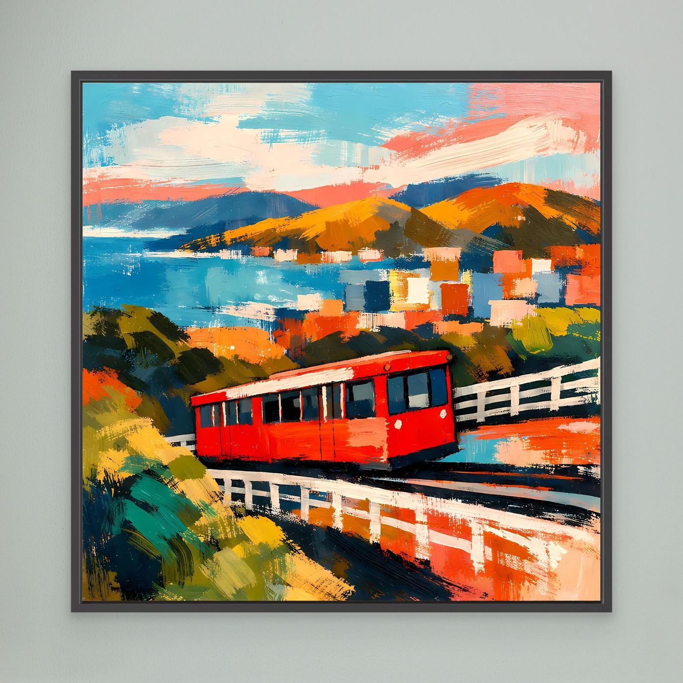 Gerahmtes Wandbild mit roter Seilbahn, Meerblick und farbigen Formen in Blau und Orange