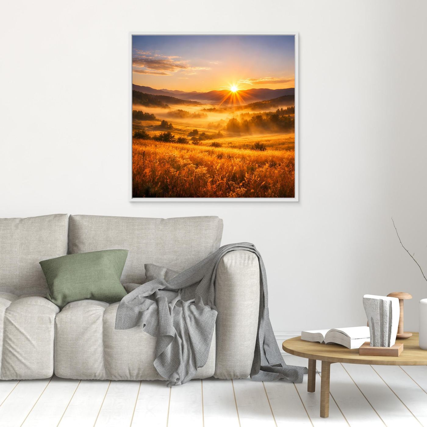 Leinwandbild mit Sonnenaufgang über goldenem Bergtal, ohne sichtbaren Rahmen