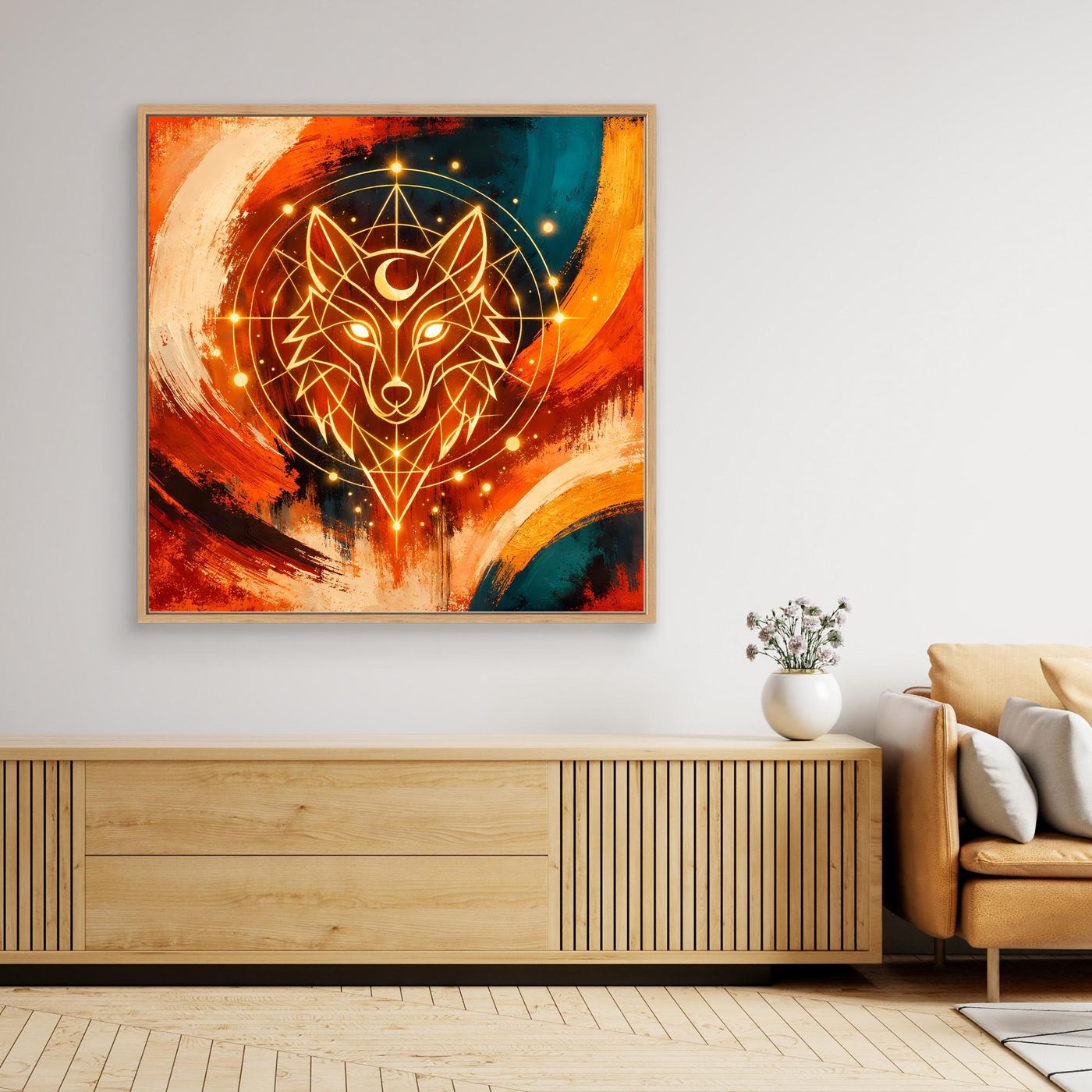 Gerahmtes quadratisches Leinwandbild mit Wolfmotiv aus Linien und Sternen in warmen und kühlen Farben