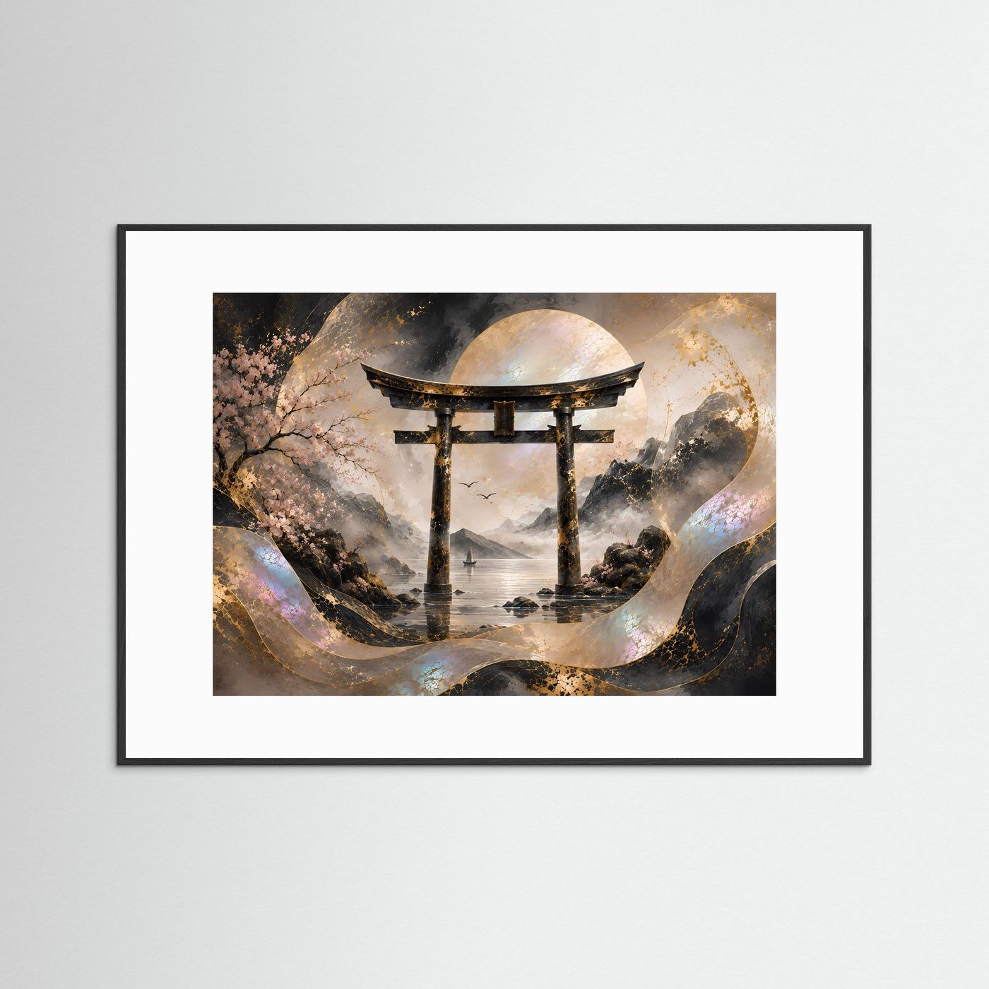 Poster mit japanischem Torii und Mond über Wasser, mit schwarzem Rahmen und weißem Passepartout.