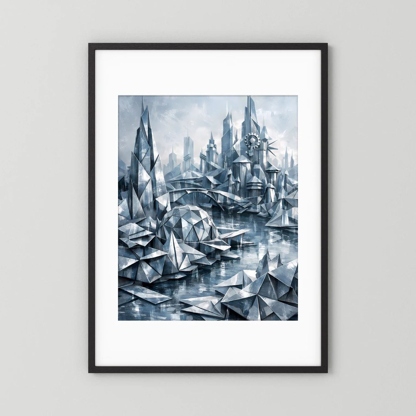 Futuristisches Stadtposter mit silbern-blauer Stadt, im schwarzen Bilderrahmen.