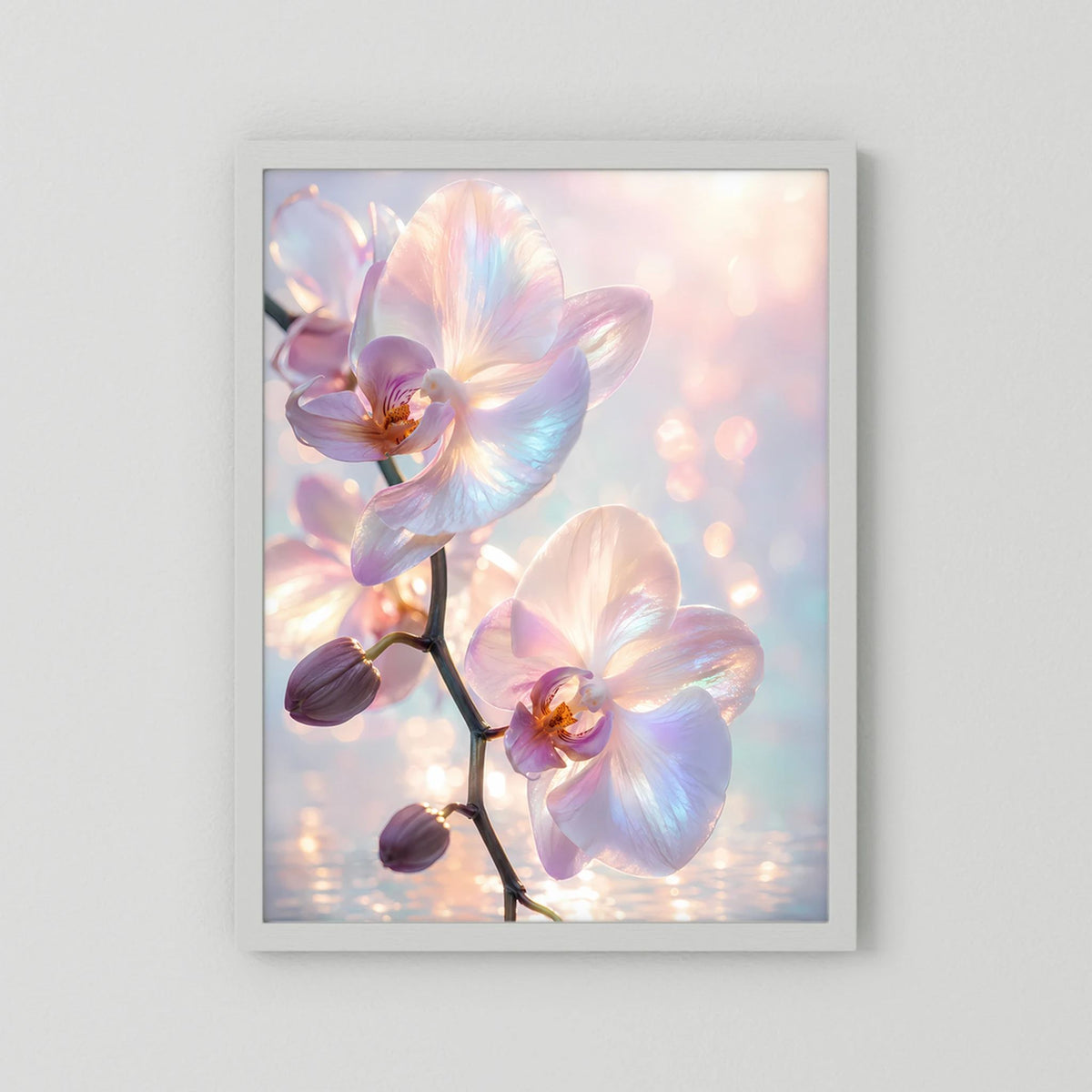Orchideen-Kunstposter mit hellem Rahmen und Pastellblüten, sanfte Farbverläufe im Hochformat